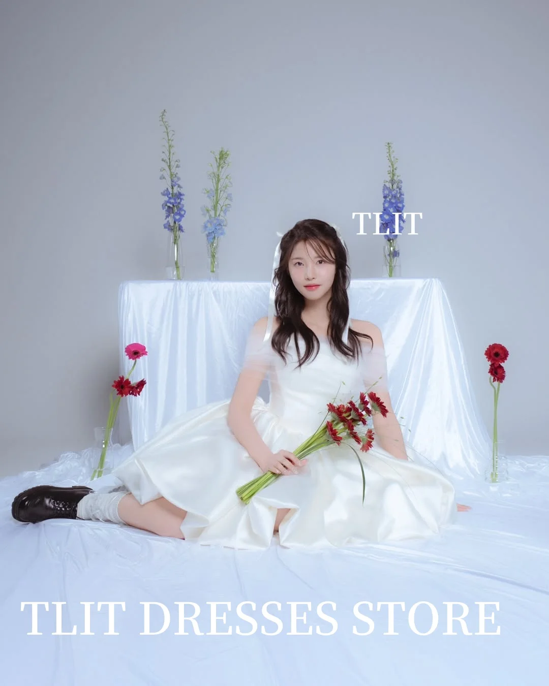 TLIT Vestidos de novia cortos de satén de seda simples con hombros descubiertos Vestidos de novia Vestidos de novia de Corea Sesión de fotos Personalizado Ş