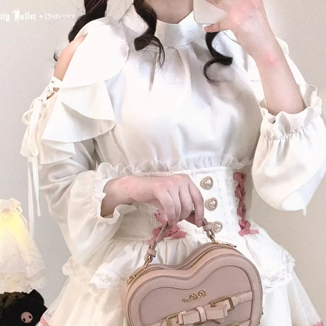 

Japan Lolita Long Sleeve Blouses Off Shoulder Stand Collar Pullover Top All-match Women Solid Color Causal Basic Chiffon Shirt