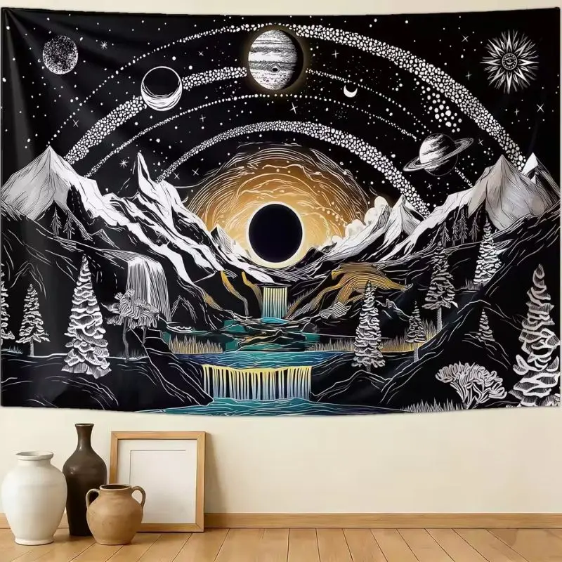 VIKAMA Mountains Planet Space Tapestry, Universe Waterfall Forest Wall Hanging, Aesthetic Bedroom Dorm Decor