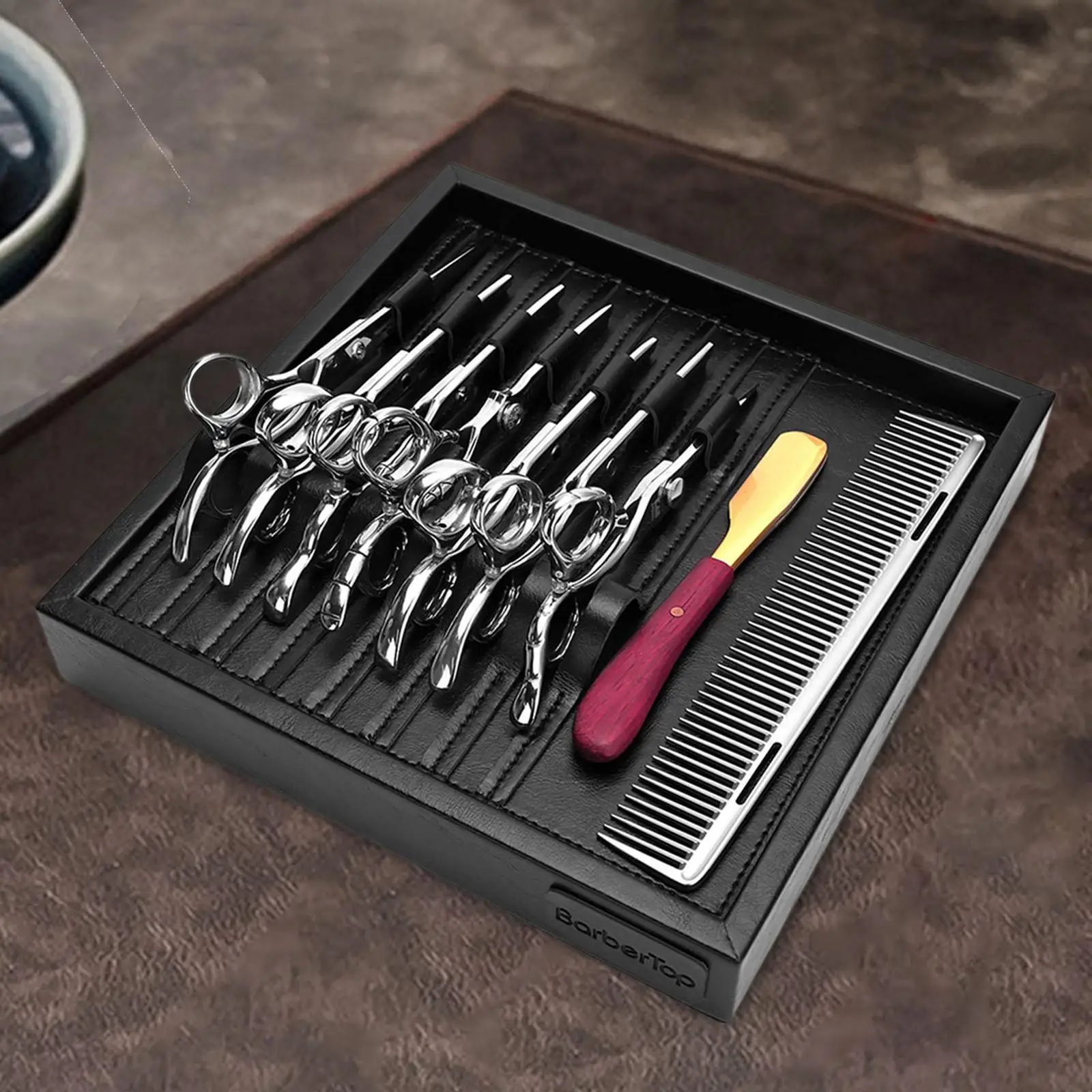 

PU Leather Scissors Box Fixed Scissor Storage Box Hair Salon Scissor Stand
