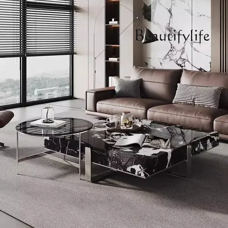 Ti Italian Minimalist Square Coffee Table, Black White Stone Top, Heat-Resistant & Easy Clean, Sturdy Compact Designer Set