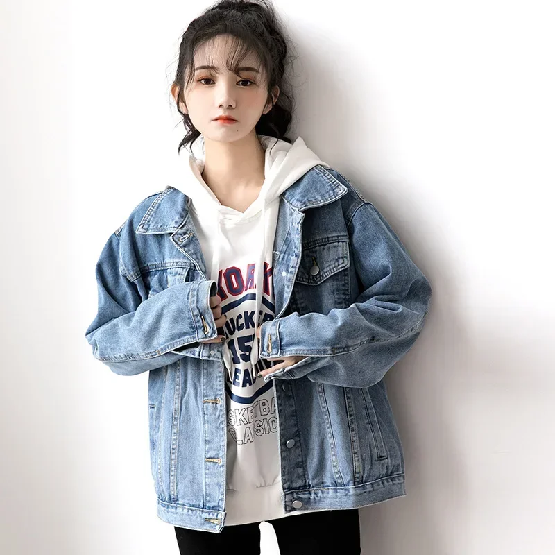 

2025 Oversize Jean Jacket Long Sleeve Turn-down Collar Female Outerwear Fall Loose Korean Fashion Denim Woman Jacket Winter