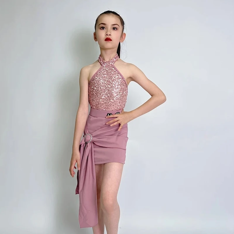 ملابس رقص اللاتينية فتاة قاعة الرقص فستان رقص زي بلا أكمام الترتر القمم مجموعة الاطفال الحديثة كرنفال اللاتينية Dancewear XH2640