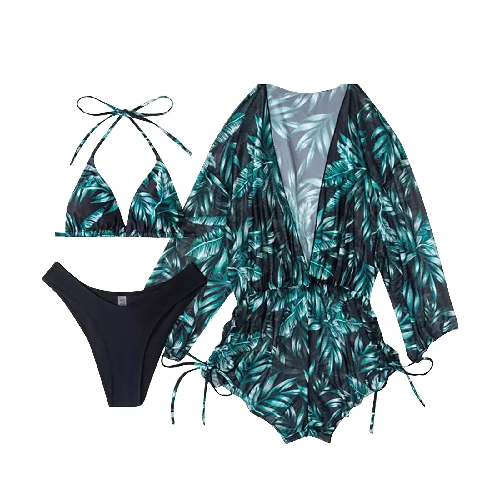 2023 Print 3 Pieces Bikinis Set Brazilian Swimsuit Women Sexy Bandage Swimwear Female Long Sleeve Beach Cover Up Bathing Suit