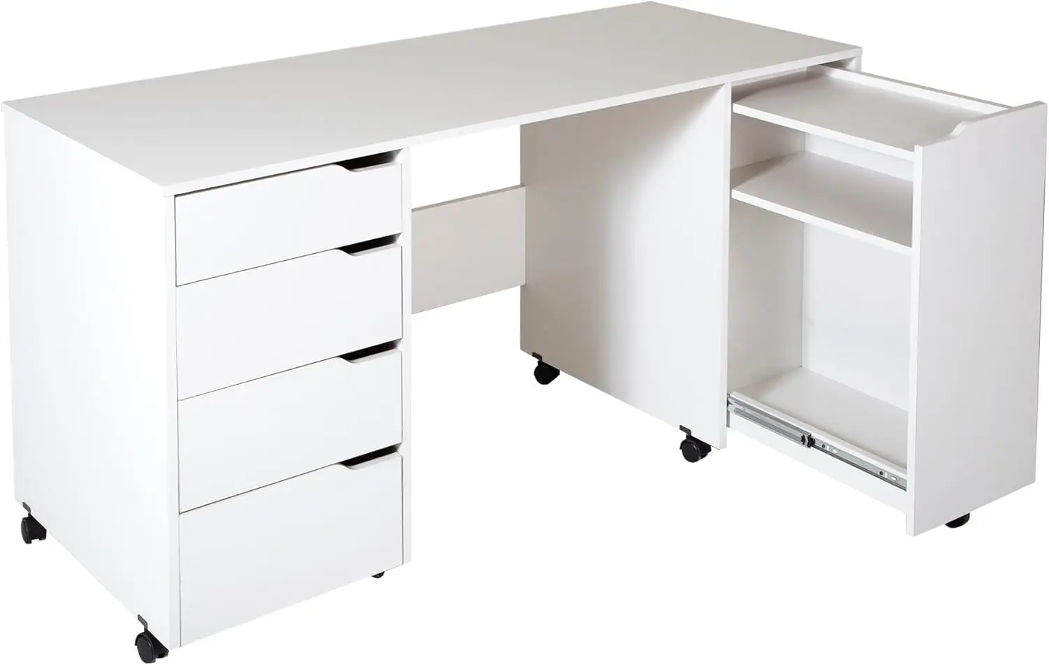 

Farmhouse Craft Table on Wheels with Sliding Shelf, Storage Drawers and Scratchproof Surface, Pure White