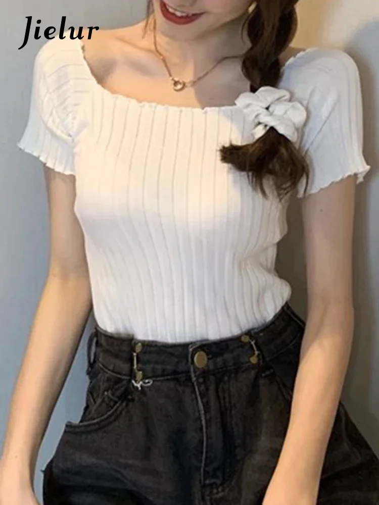 

Jielur Slim Knitted Pure Color Basic T-Shirts Korean Style Square Neck Short Sleeve Women T-Shirt Summer Slight Stretch T-Shirt