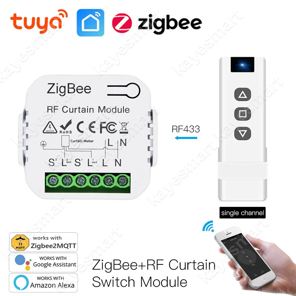 Tuya ZigBee Smart RF433 Curtain Switch Module for Motorized Roller Shutter Blinds Motor 2MQTT Smart Life APP Alexa Google Home