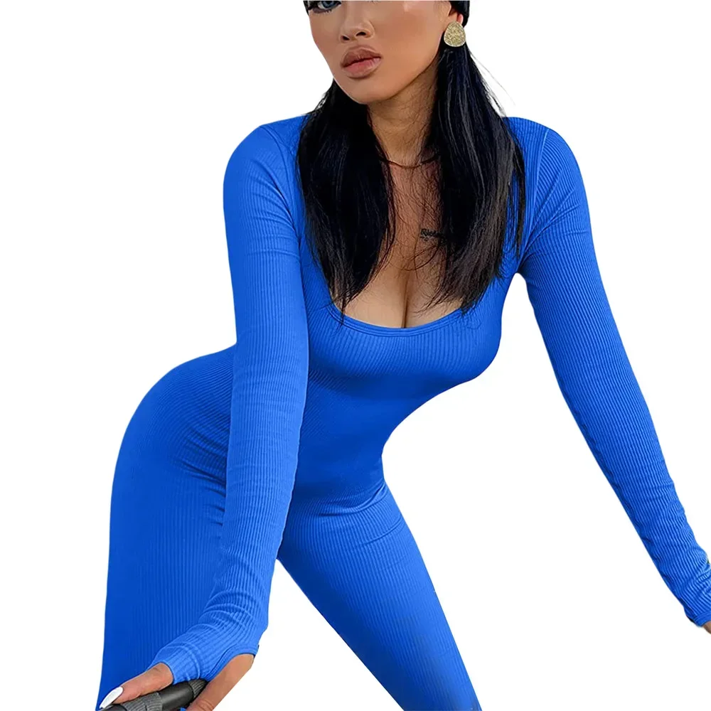 Women Jumpsuit Skinny Solid Color Ribbed Knit Long Sleeve Square Neck Bodycon Jumpsuit Romper Work Out Sport Yoga Playsuits