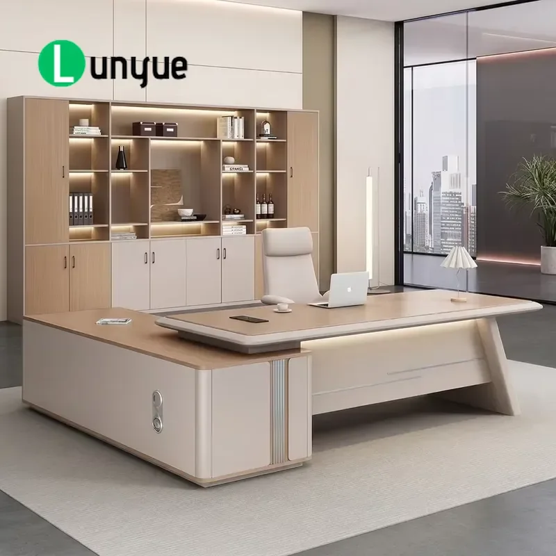 Modern Executive Desk Set Light Wood Grain CEO Office Table with Storage Bookcase and Side Cabinet Luxury Manager Furniture
