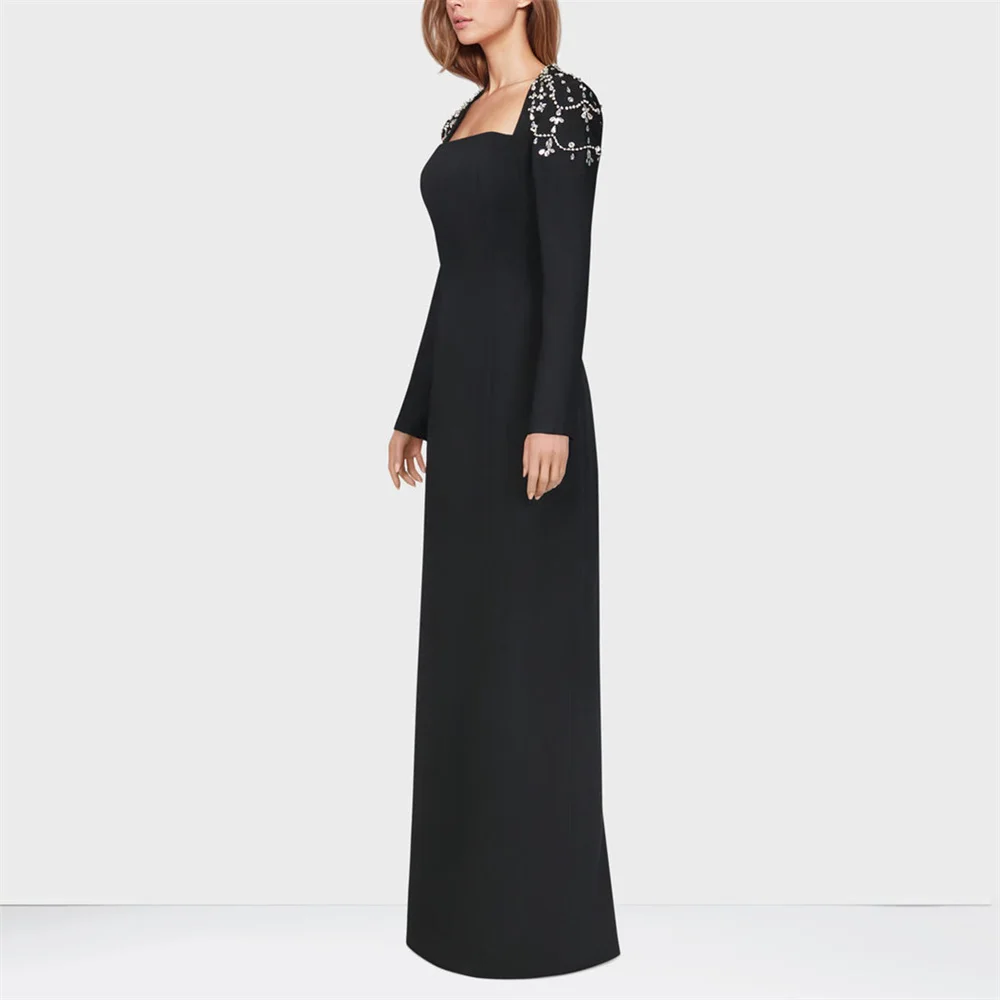 Black Elegant Womens Party Dresses Boat Neck Dresses on Offer Liquidation Prom Dresses Sale Floor Lenght Long Sleeves with Bead