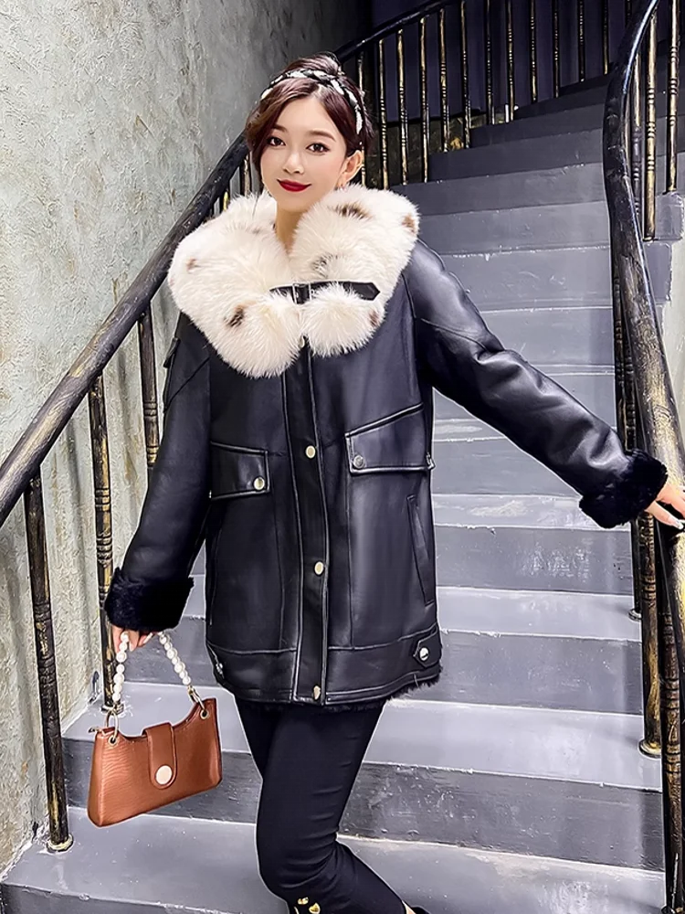 Winter Women Real Fox Fur Collar Sheepskin Genuine Leather Jacket Warm Real Wool Lining Coat Mid Long Natural Sheep Fur Overcoat