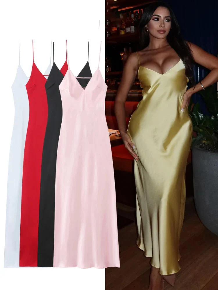 HH Zomer Sexy Vrouwen Satijnen Sling Lange Jurk 2025, Elegante V-hals Backless Losse Maxi Gewaden Dames Beach Party Textuur Jurk