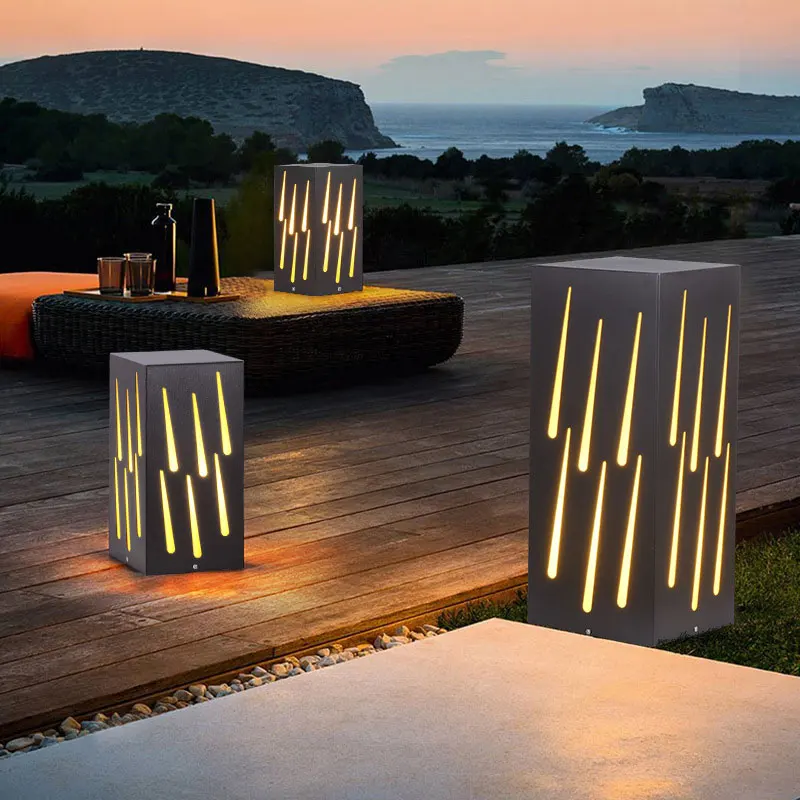 Led Simple Meteor Shower Featured Hollow Out Craft Square Stainless Steel Square Lawn Lamp