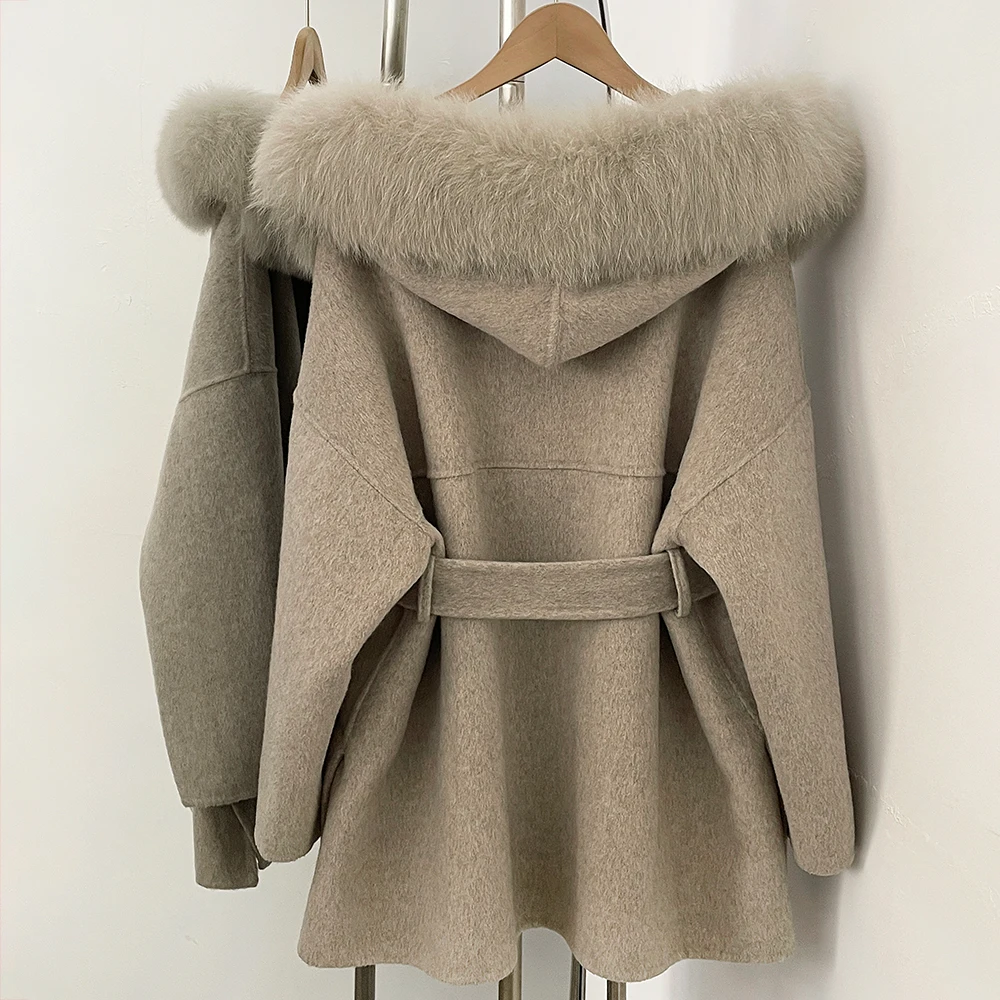OFTBUY 2025 Neue Herbst-Winter-Oberteile für Damen mit Kapuze, Naturfellkragen, 100% Wolljacke, Damenmantel mit Gürtel aus echtem Fuchsfell. – Detail 10