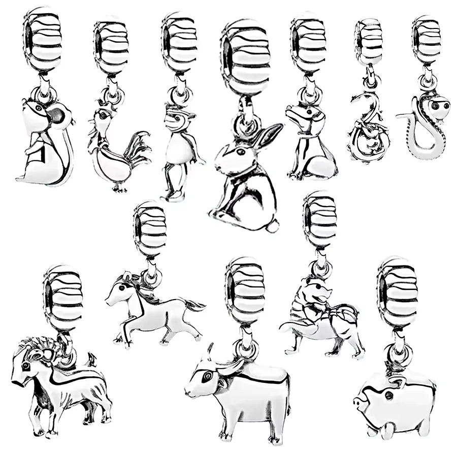 Classics The 12 Chinese Zodiacs Dangle Charm Mouse Sheep Dragon Fit Original 925 Sterling Silver Bracelet Jewelry Gift