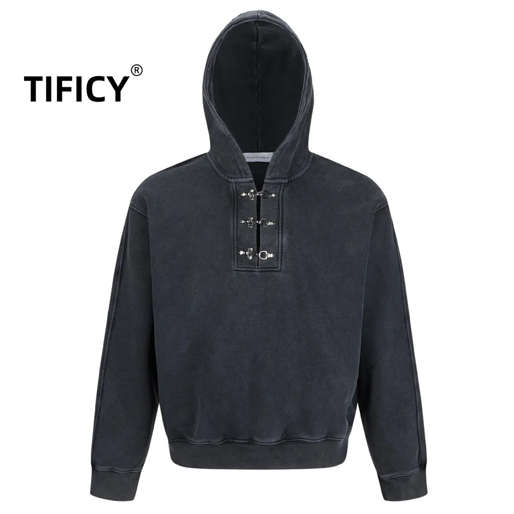 High Street Hooded Sweatshirts Men's Retro Lobster Button Top Hooded Sweatshirt Autumn Loose Casual Top