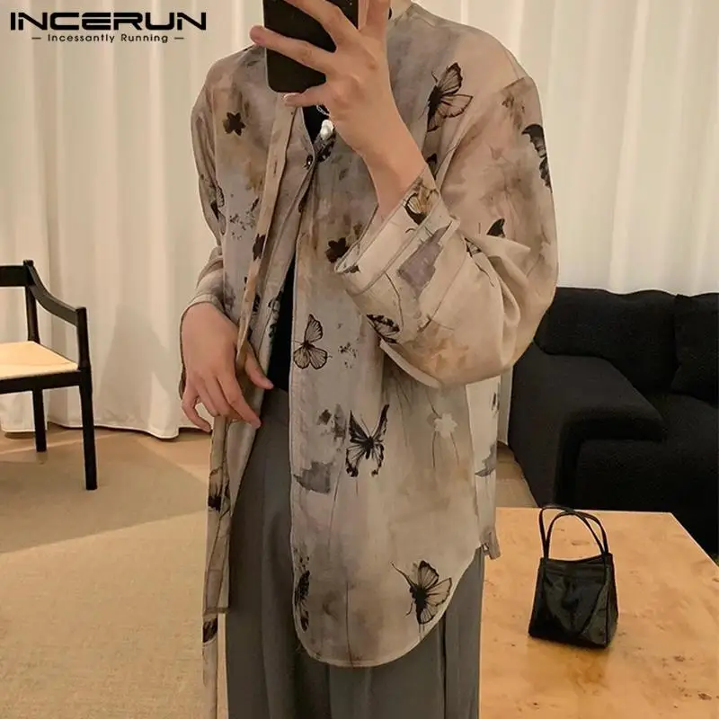 INCERUN Men\'s Shirt Printing V Neck Long Sleeve One Button Casual Men Clothing Streetwear Loose 2024 Korean Fashion Male Shirts