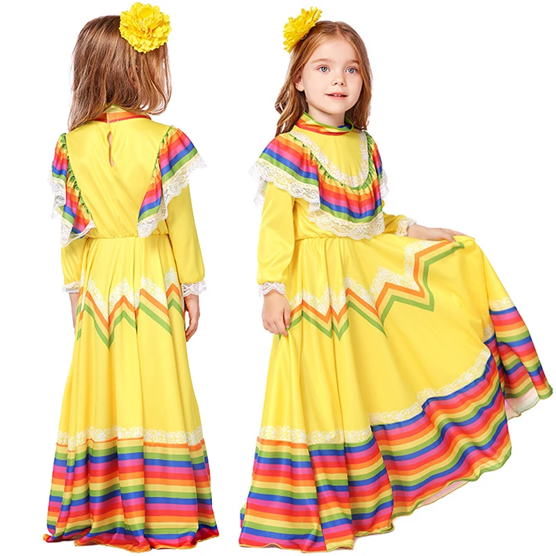 Girl Latin Saloon Dancing Costume Gypsy Flamenco Dance Floor Length Book Week Cosplay Carnival Halloween Party Fancy Dress