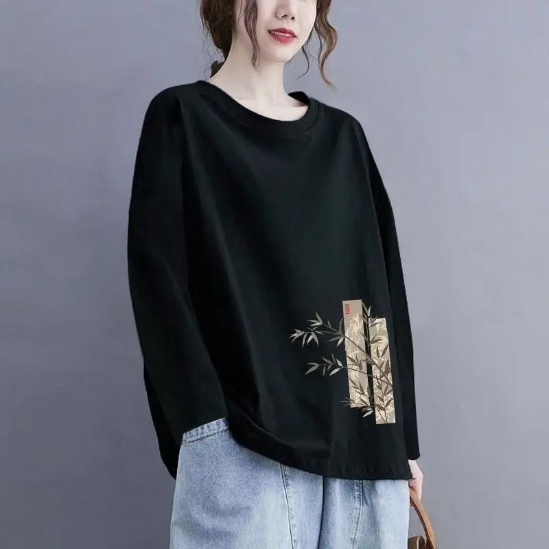 T-shirt da donna a maniche lunghe in cotone, girocollo ampio, top casual stampato