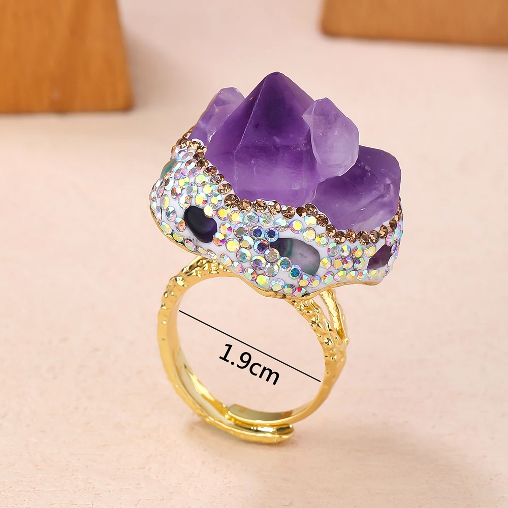 Handgefertigter natürlicher Amethyst Druzy Aquamarin Rohstein Ring Unregelmäßiger Kristall Verstellbare Öffnung Boho Damenschmuck Geschenk für Sie – Detail 2