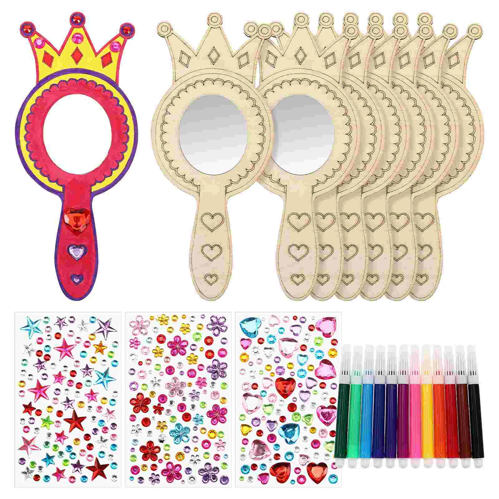 Wooden Toy Kid Mirror Painted Handmade DIY Toys Boxwood Handheld Child Kids Craft Mirrors Assorted