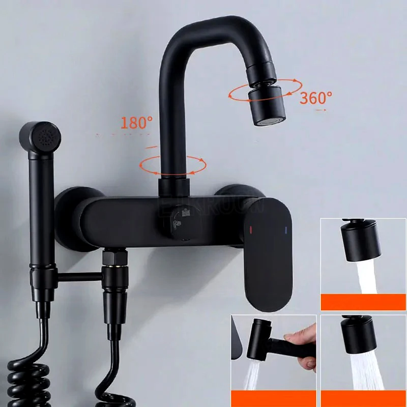 NEW Black Brass kitchen into the wall Hot and Cold Water Faucet wash Basin mop pool Bathtub wash spray Gun Faucet