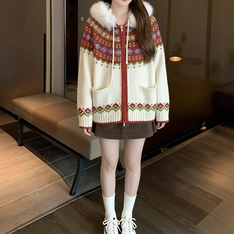 

Loose Hooded Jacquard New Year's Atmosphere Red Sweater Jacket Women's Autumn and Winter Lazy Wind Knitted Cardigan