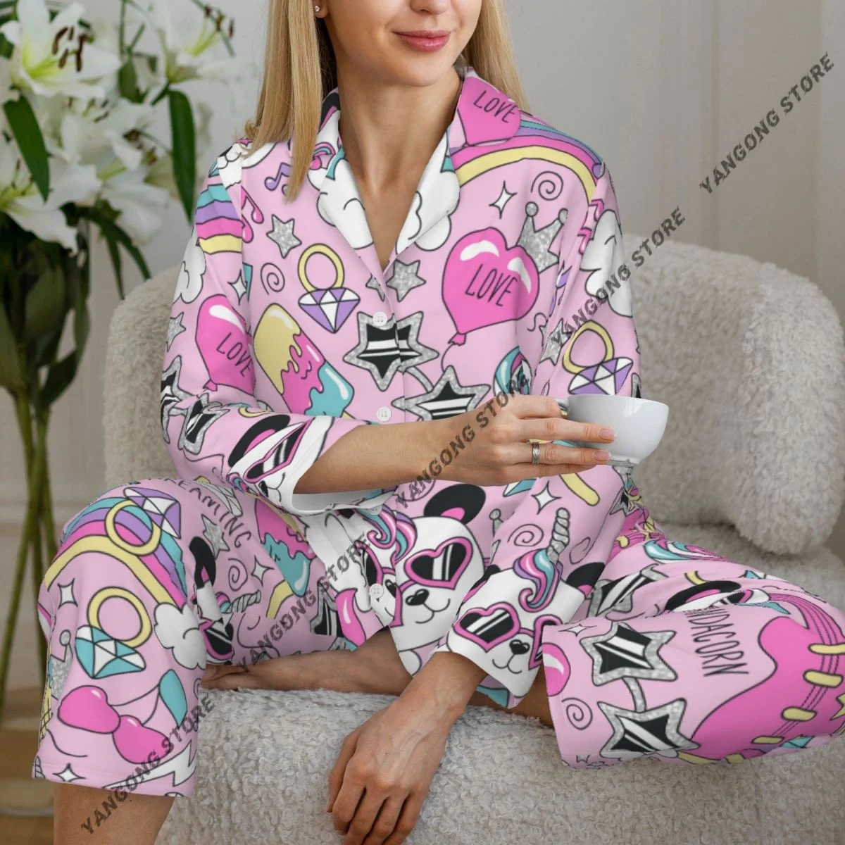 Women Sleepwear Loungewear Cute Panda Unicorn Long Sleeve Lapel Neck Shirt and Elastic Waist Pants Pajamas Set