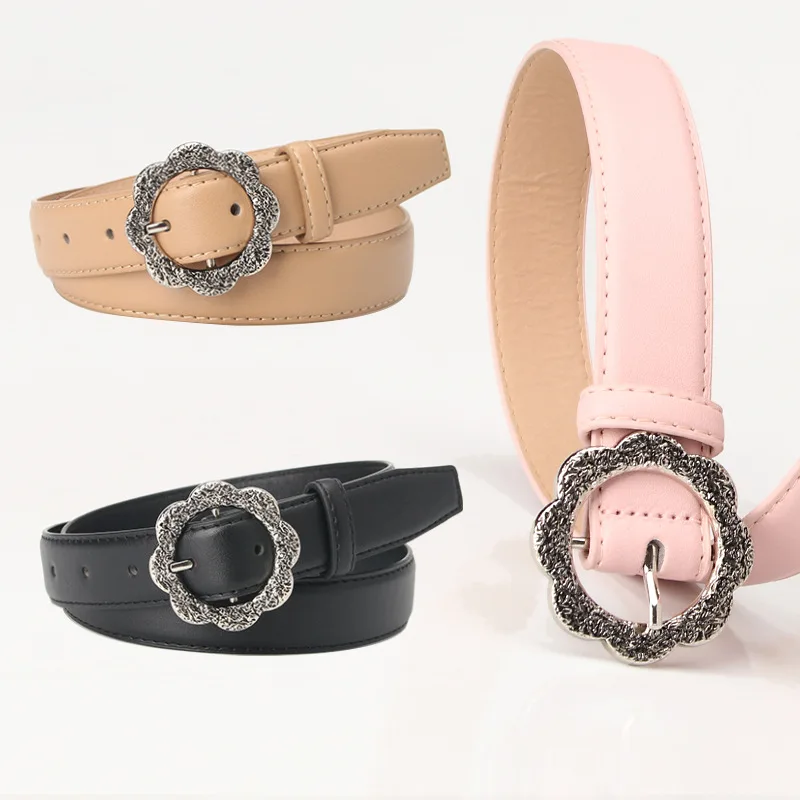 

2023 New Fashion Belt Women Luxury Elegant PU Leather Material Flower Style Exquisite Carving Round Pin Buckle Versatile Belt