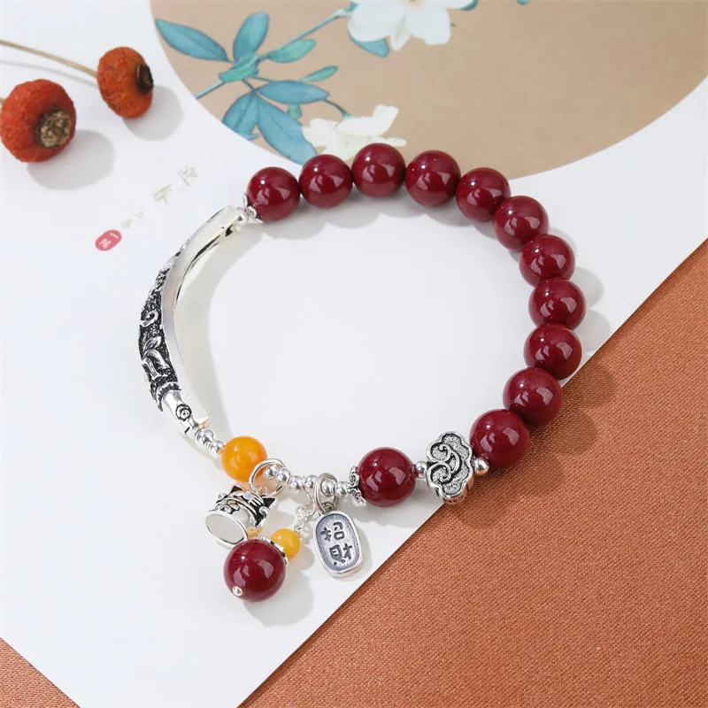 Cinnabar High Content Purple Gold Sand Single Ring Annual Fish Elbow Bracelet Women's S925 Silver Accessories Chinese Wind Beads