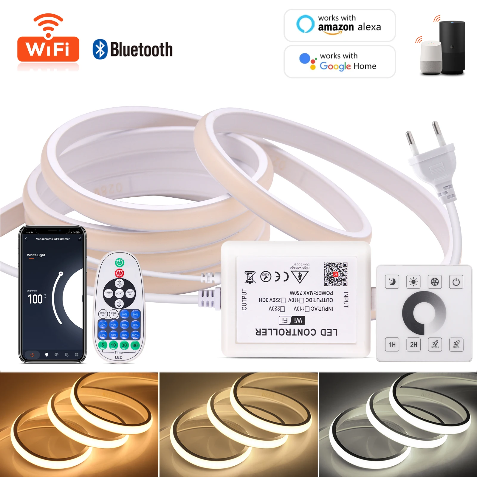 Wifi Bluetooth APP COB LED Strip 220V Wall Touch Switch Remote Control High Brightness 288Leds/m Waterproof Flexible Tape Light