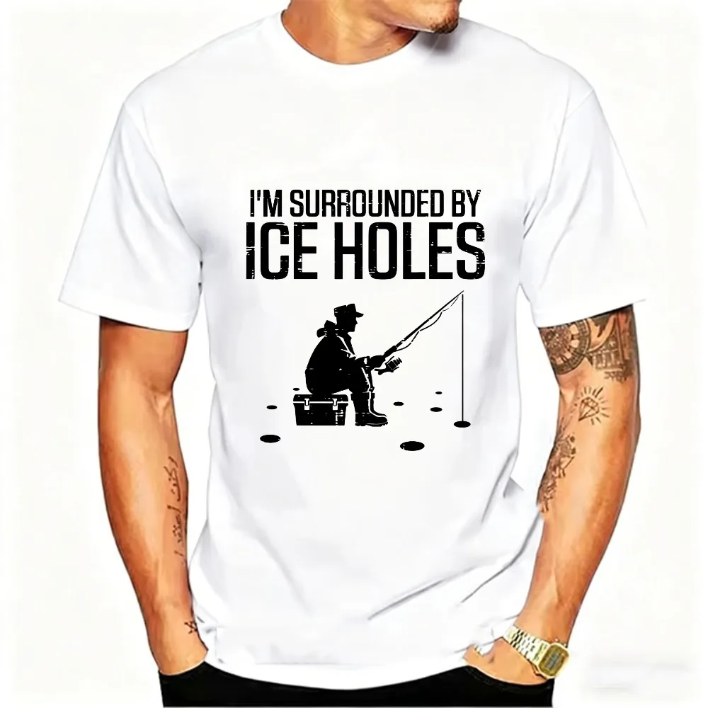 I'm Surrounded By Ice Holes Funny Ice Fishing T-Shirt Men Distressed Graphic Tee Short Sleeve Hat Fisherman Box Silhouette Tops