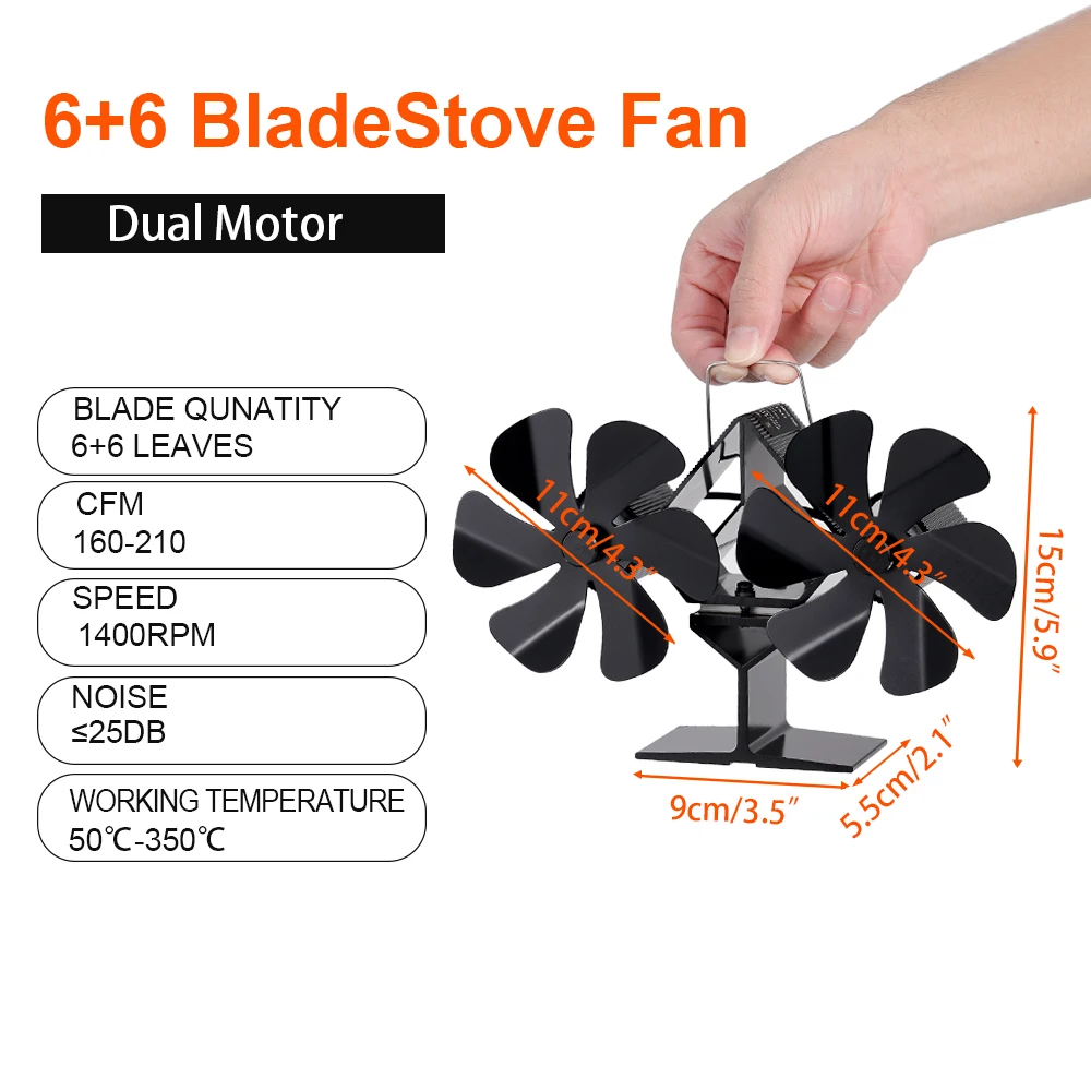 Ventilador de lareira preto de cabeça dupla Ventilador de fogão movido a calor de 12 lâminas sem necessidade de bateria ou eletricidade Queimador de madeira Eco Ventilador silencioso