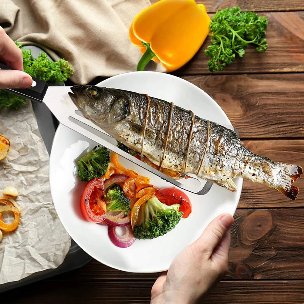 

2pcs Stainless Steel Frying Spatula Heavy Duty Oil Drain Design For Steak Fish Kitchen Restaurant Use Multipurpose Cooking Tool