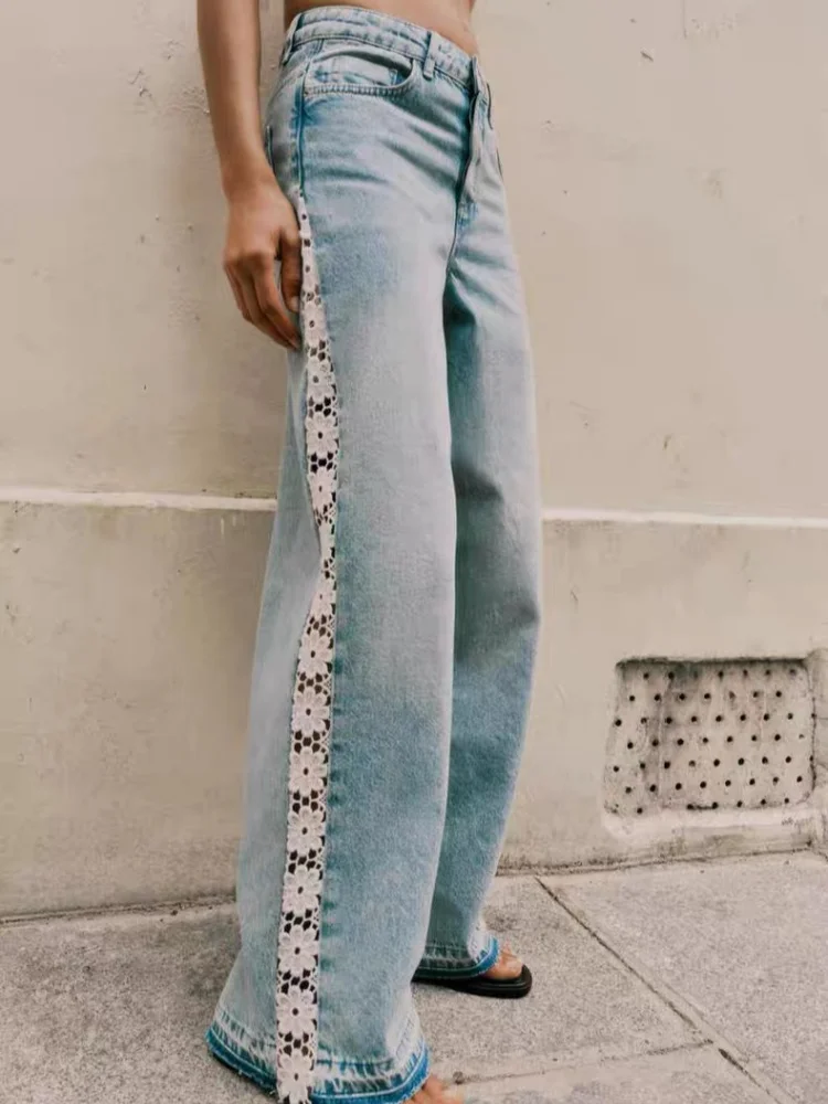 2026 Ropa Y2K Fashion Hollow Lace Patchwork Vintage Blue Baggy Jeans Pants For Women Clothing Korean Casual Lady Denim Trousers