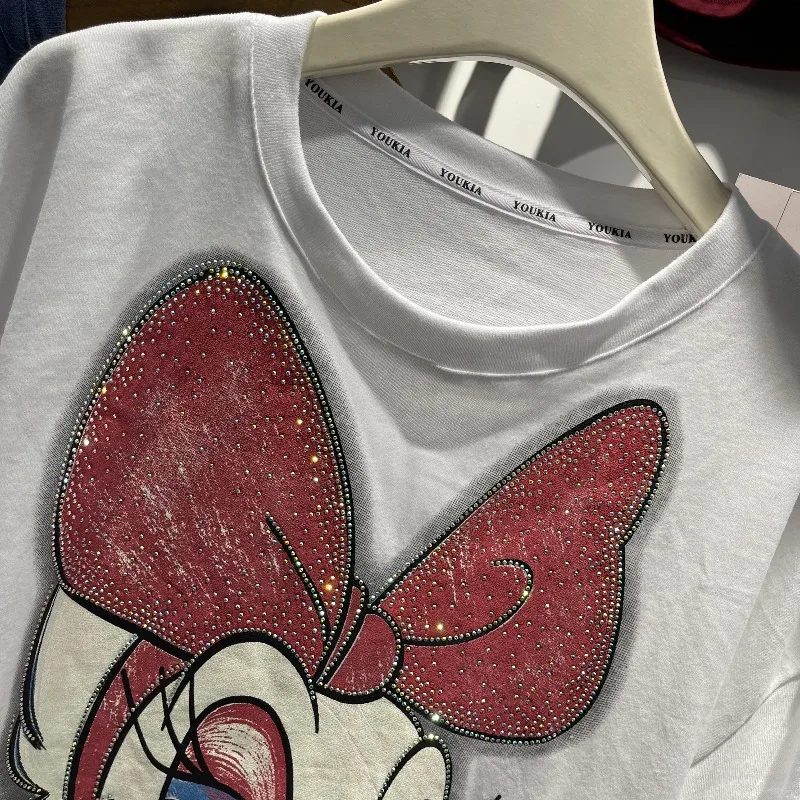 Sweet Cute Design Cartoon Pattern T-shirts Heavy Industry Sequins Color-Block Loose Tshirts Women's Top Crew Neck Pullovers Tees