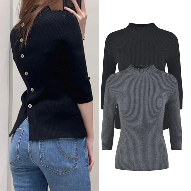 High-End Black Knitted Base Shirt Elastic Ro Slim Fit Seven Sleeve Inner Wear Knit Top Fashionable Women's Sweater