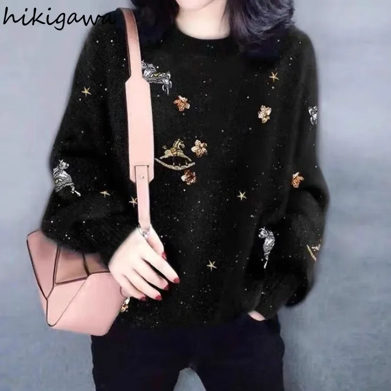 Oversized Sweater Women 2024 Fall Winter Clothing Korean Jumper Heavy Sequin Sueter Mujer Vintage Knitting Pulovers Pull Femme