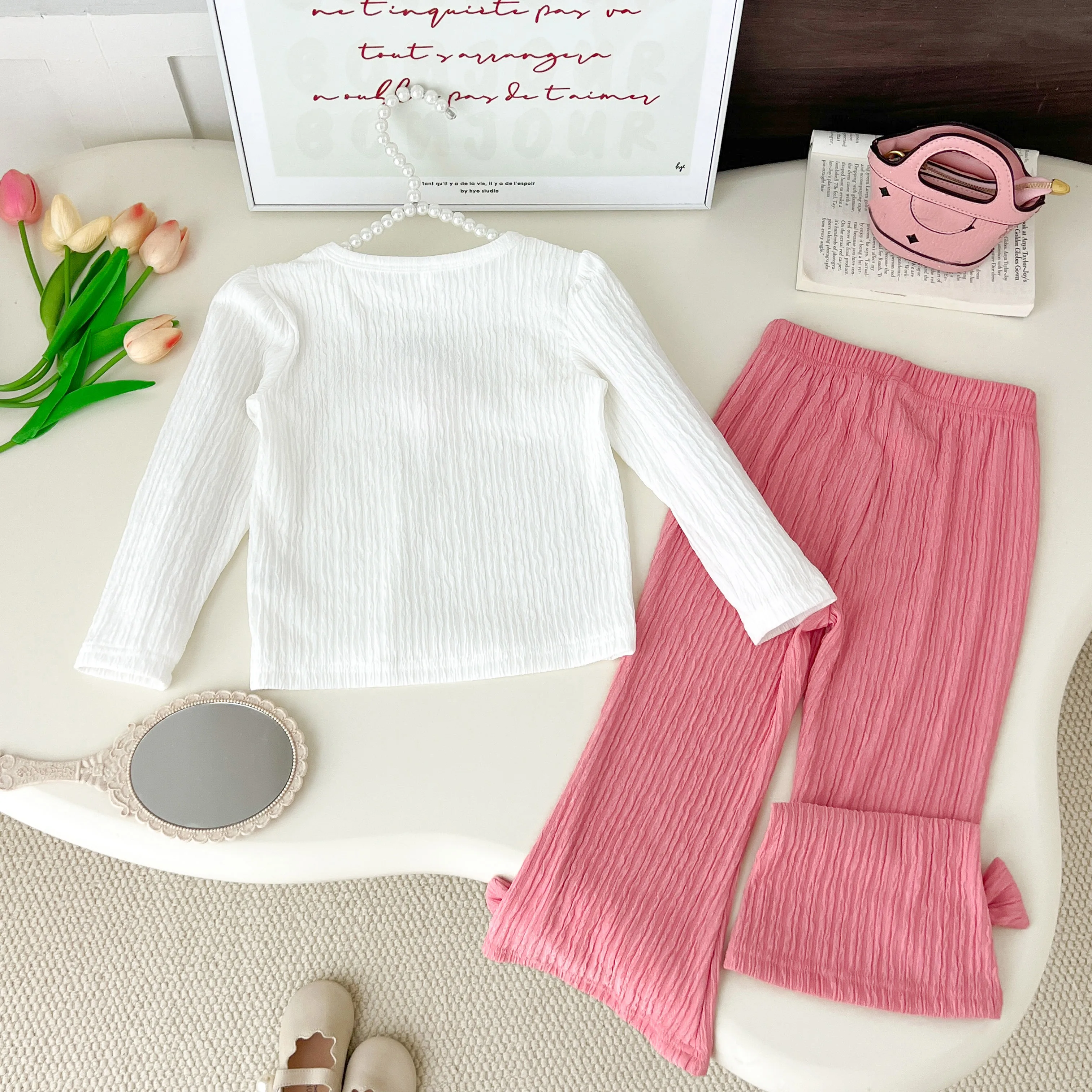 Kids Clothes Girls Spring Fashion Strawberry Long Sleeve Top+Bow Bellbottom 2-Piece Sets Children's Daily Casual Wear
