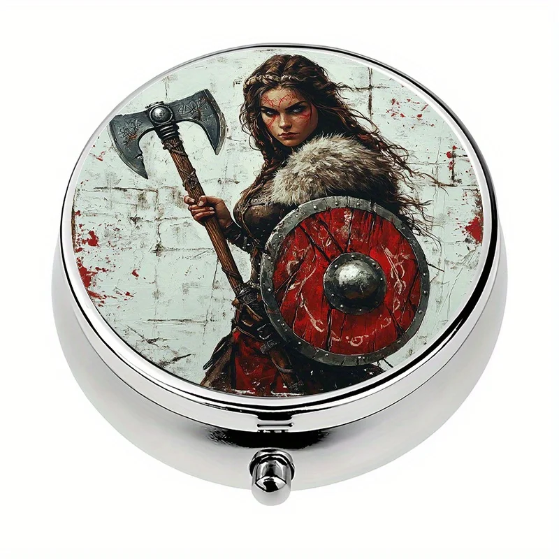 1 pill box, with 3 compartments, Viking shield girl-themed mini pill box, medicine storage box, unique gift for travel