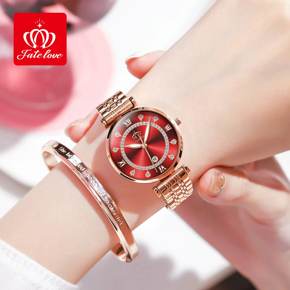 FATE LOVE Fashion Women Quartz Watch Set Waterproof Luxury Stainless Steel Strap Date Clock Lady Necklace Bracelet Watch for Set