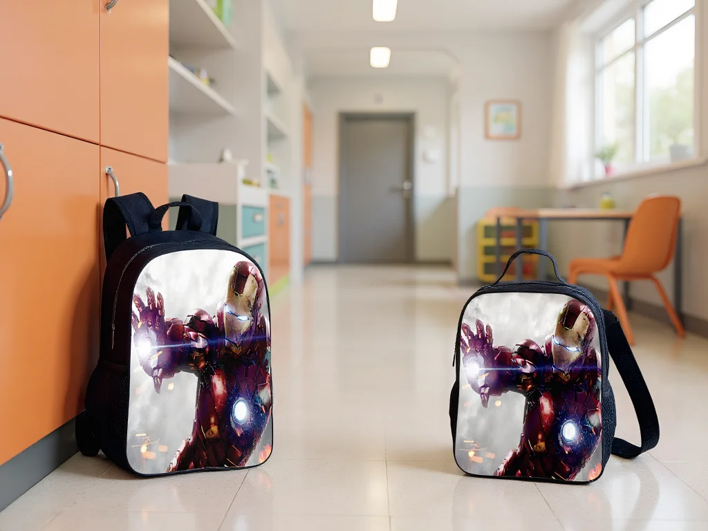 

2 in 1 Backpack Set-Unisex Children IronMan Classic Rucksack and Insulated Reusable Lunch Tote for Elementary Boys Girls