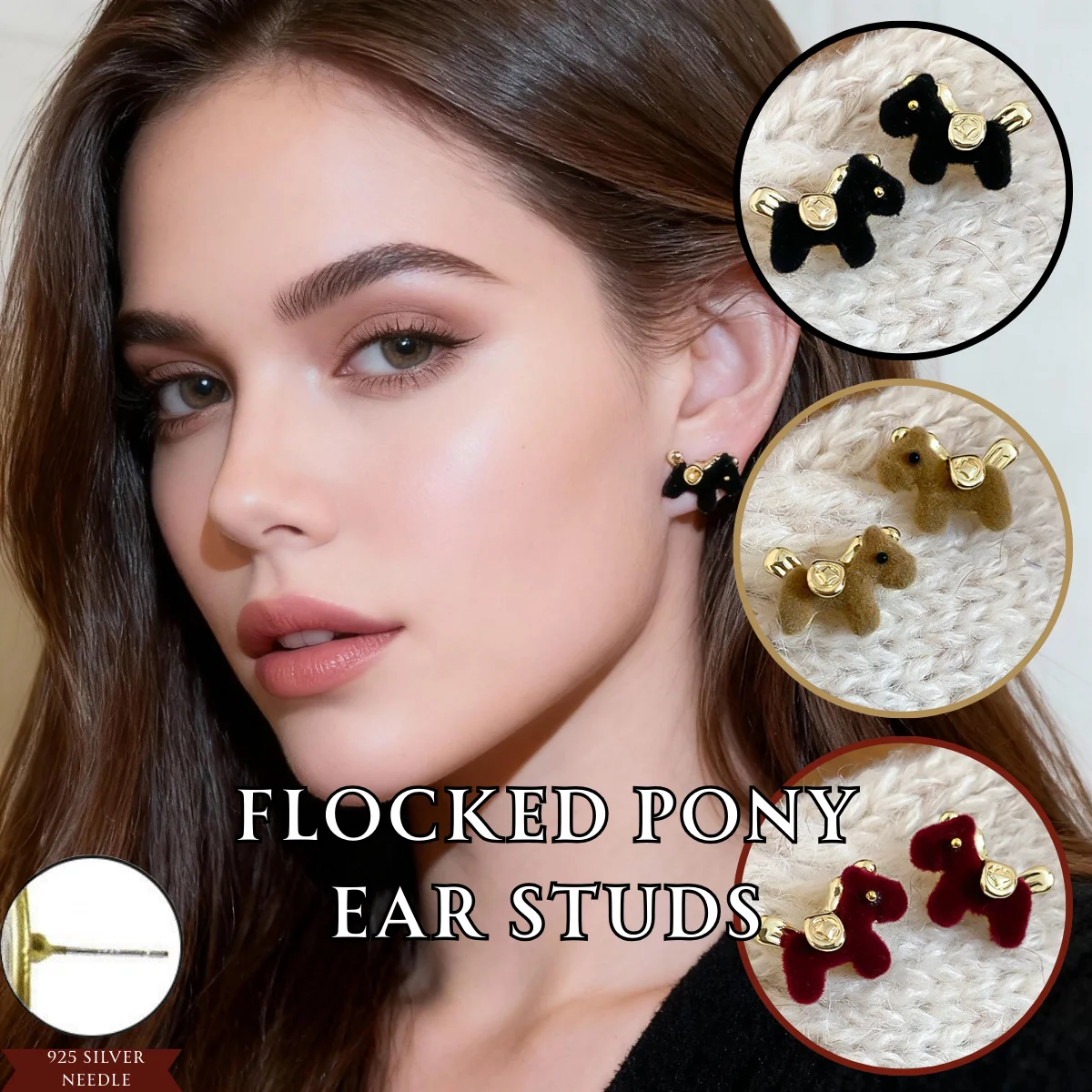 

Pony Ear Studs Chinese-Style Vintage Silver Needle Velvet-Coated Earrings Luxury-Inspired Sophisticated Ear Jewelry Women's Gift