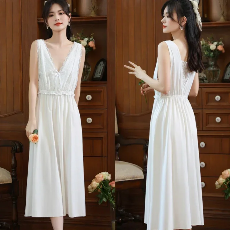 

Sweet Lace Sleeveless Night Dress Women Summer Cotton Long Nightgown Sexy Low Cut Slim Nightdress Sleepwear Princess Nightwear