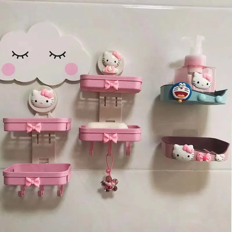 Sanrio Soap Box Hello Kitty Kawaii Anime Soap Dish Toilet Double Layer Soap Rack Student Dormitory No-Punch Soap Box Hook Gift