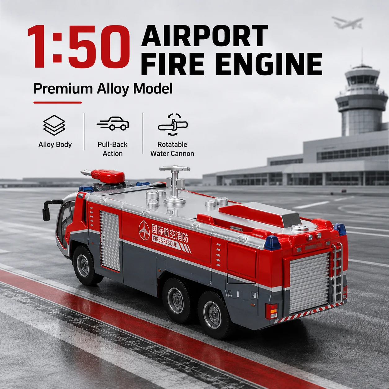 1/50 Airport Fire Engine Truck Toy Car Diecast Miniature Vehicle Engineering Model Collection Sound & Light Gift For Boyfriend
