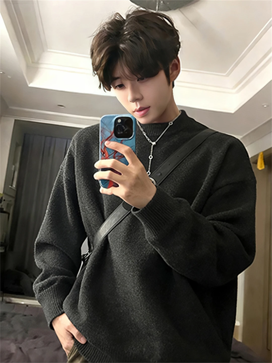 

Loose Fit Men's round Ne Knitted Sweater Deep ey Korean Sle Lazy Faion Boting irt Couple's Casual Top