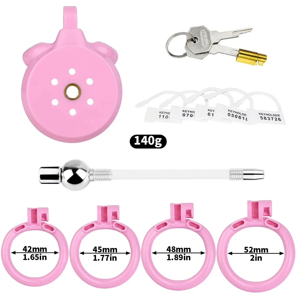 Gaiola de castidade com botão de resina, gaiola plana com trava invertida, cateter uretral removível, anel peniano de 4 tamanhos, brinquedo sexual sissy masculino