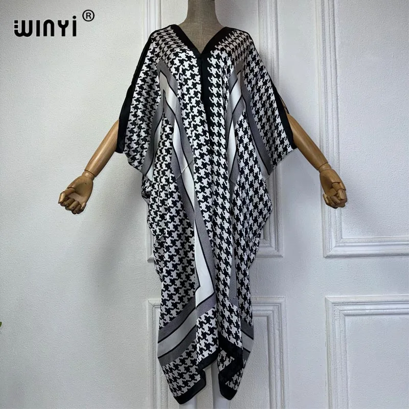 WINYI Musim Panas Afrika V-neck gaun dicetak pakaian pantai wanita 2024 longgar Femme jubah Muslim pantai cover up sutra merasa gaun malam