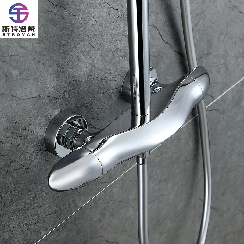 

High End Modern Unique Bathroom Rainfall Shower Faucets Round Thermostatic Shower Set System in Polished Chrome